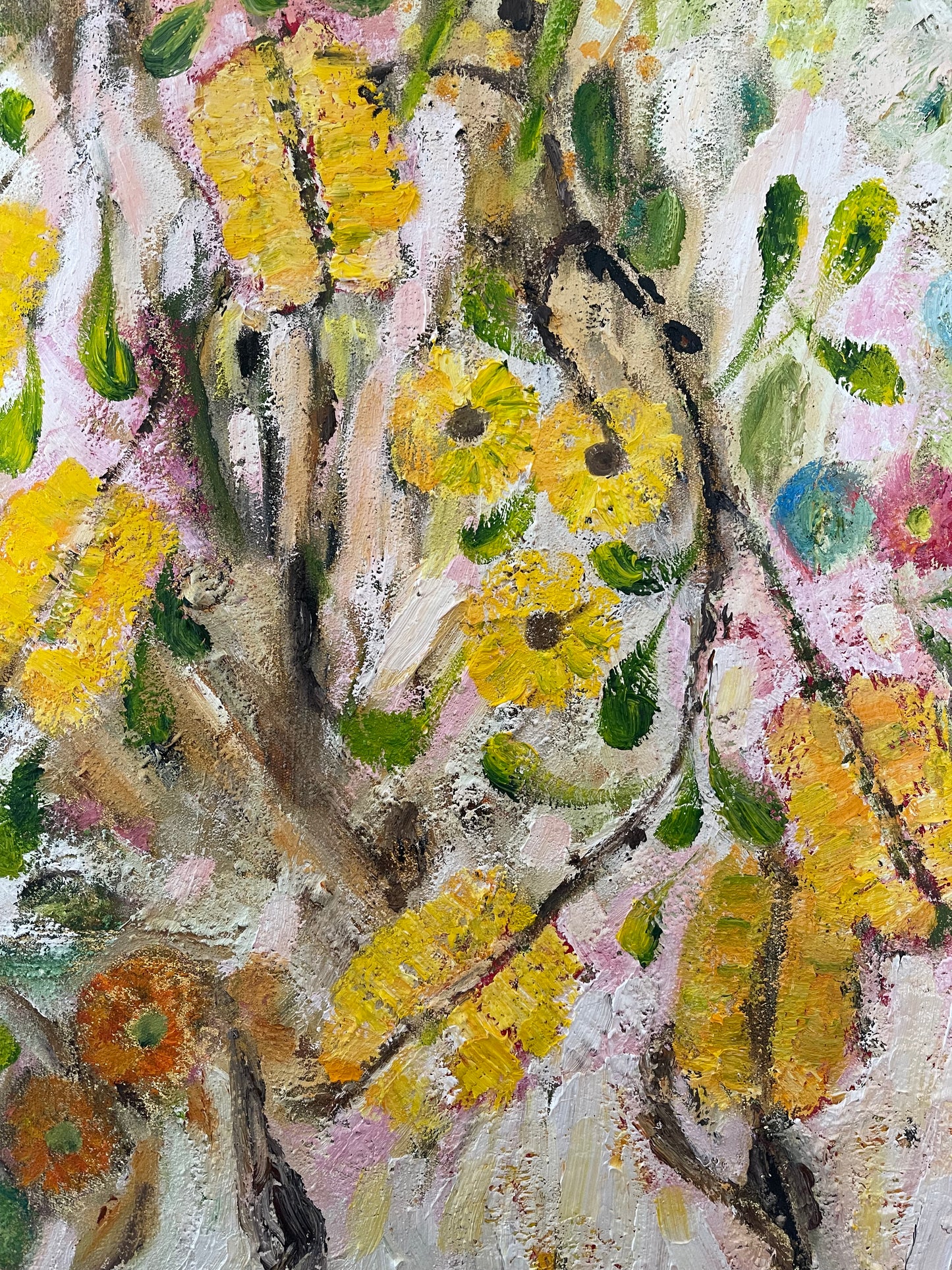 Summer Banksia, original Australian botanical painting celebrating the vibrant colours and textures of native banksias by Ricci McAuliffe.