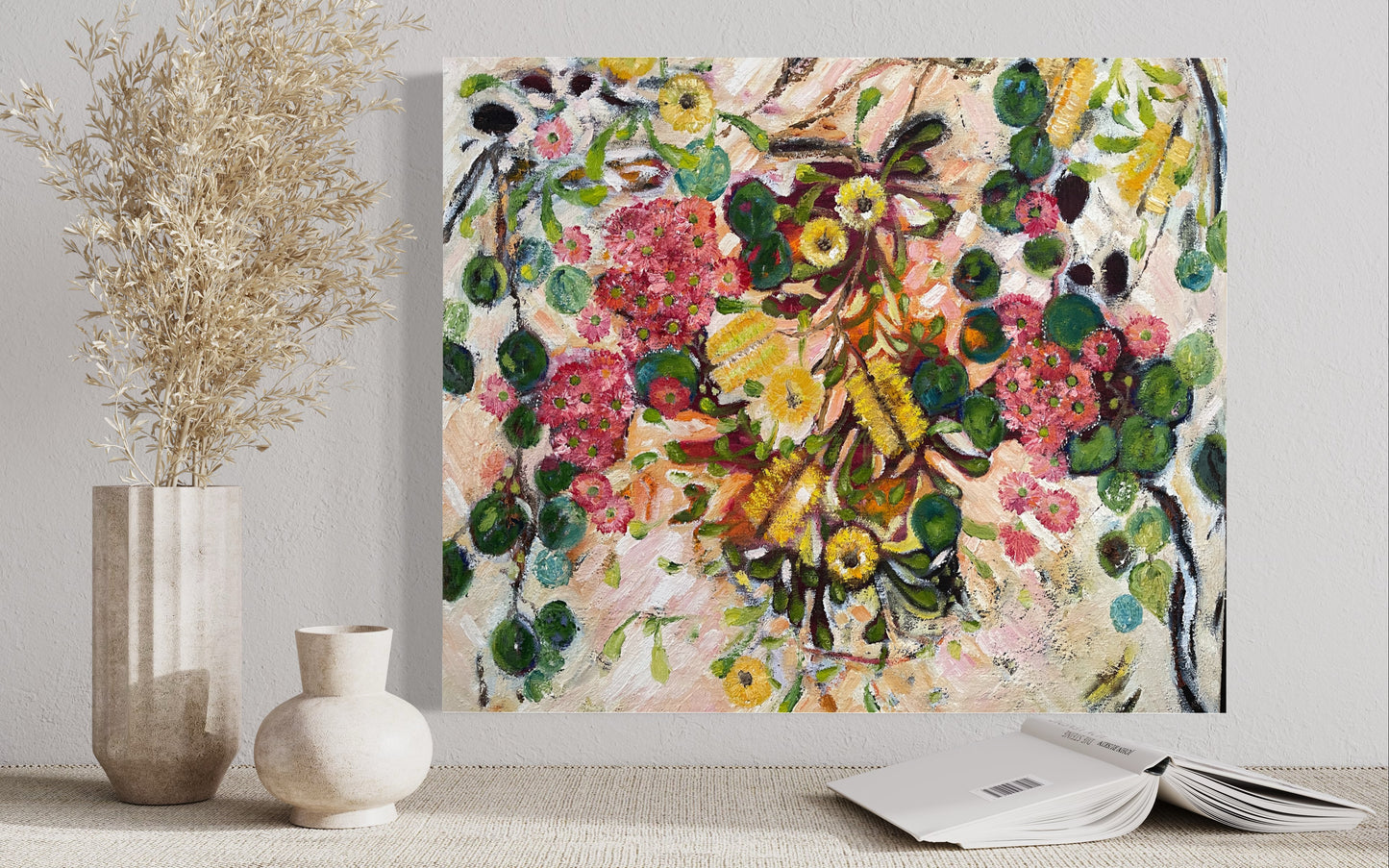 Coastal Banksia, original oil painting of a flowering banksia against a soft coastal landscape by Ricci McAuliffe.