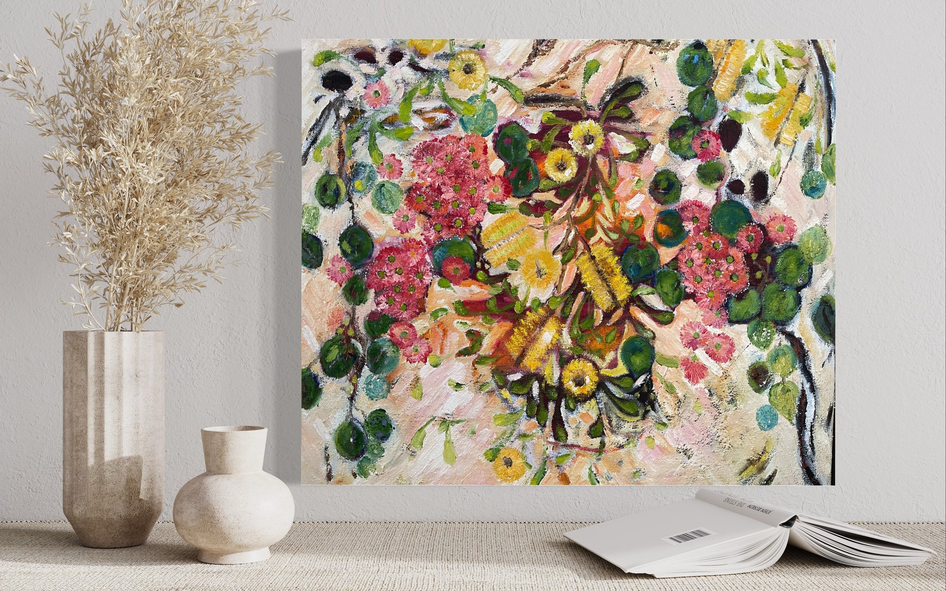 Coastal Banksia, original oil painting of a flowering banksia against a soft coastal landscape by Ricci McAuliffe.