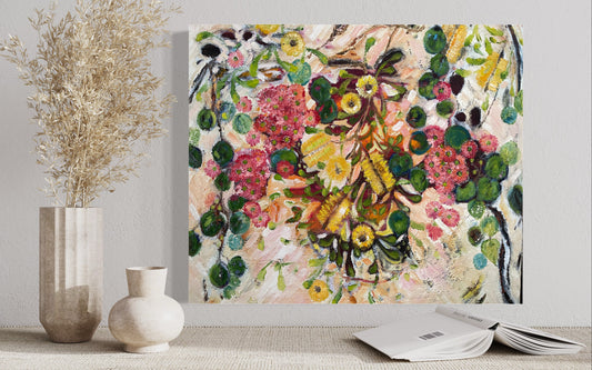 Coastal Banksia, original oil painting of a flowering banksia against a soft coastal landscape by Ricci McAuliffe.