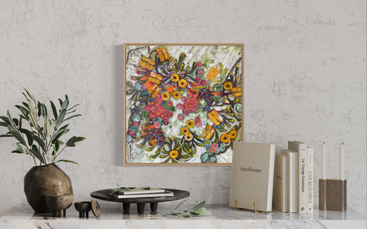 Coastal Banksia 2, original botanical artwork capturing the beauty of Australian banksias with layered colour and texture by Ricci McAuliffe.