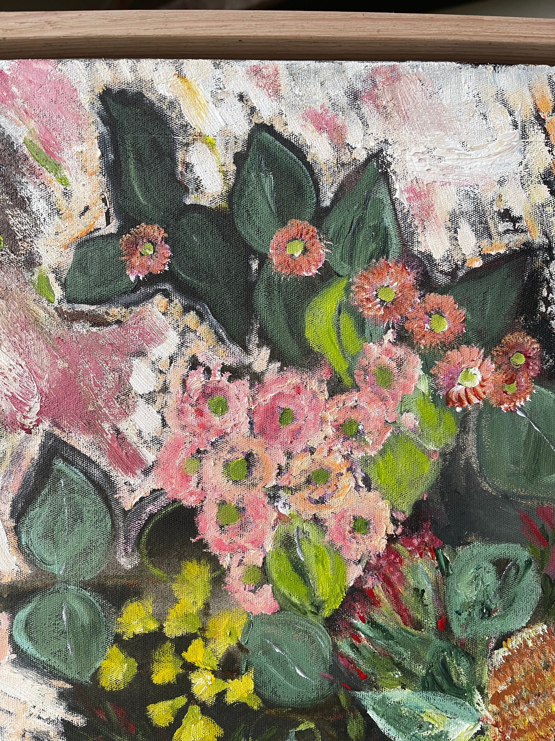 Spring Romance, original floral painting inspired by Australian native blooms in soft pink, cream and green hues by Ricci McAuliffe.