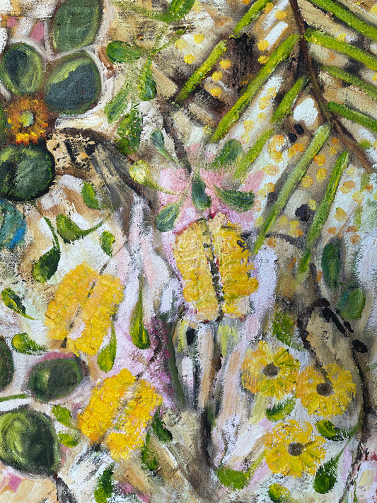 Summer Banksia, original Australian botanical painting celebrating the vibrant colours and textures of native banksias by Ricci McAuliffe.