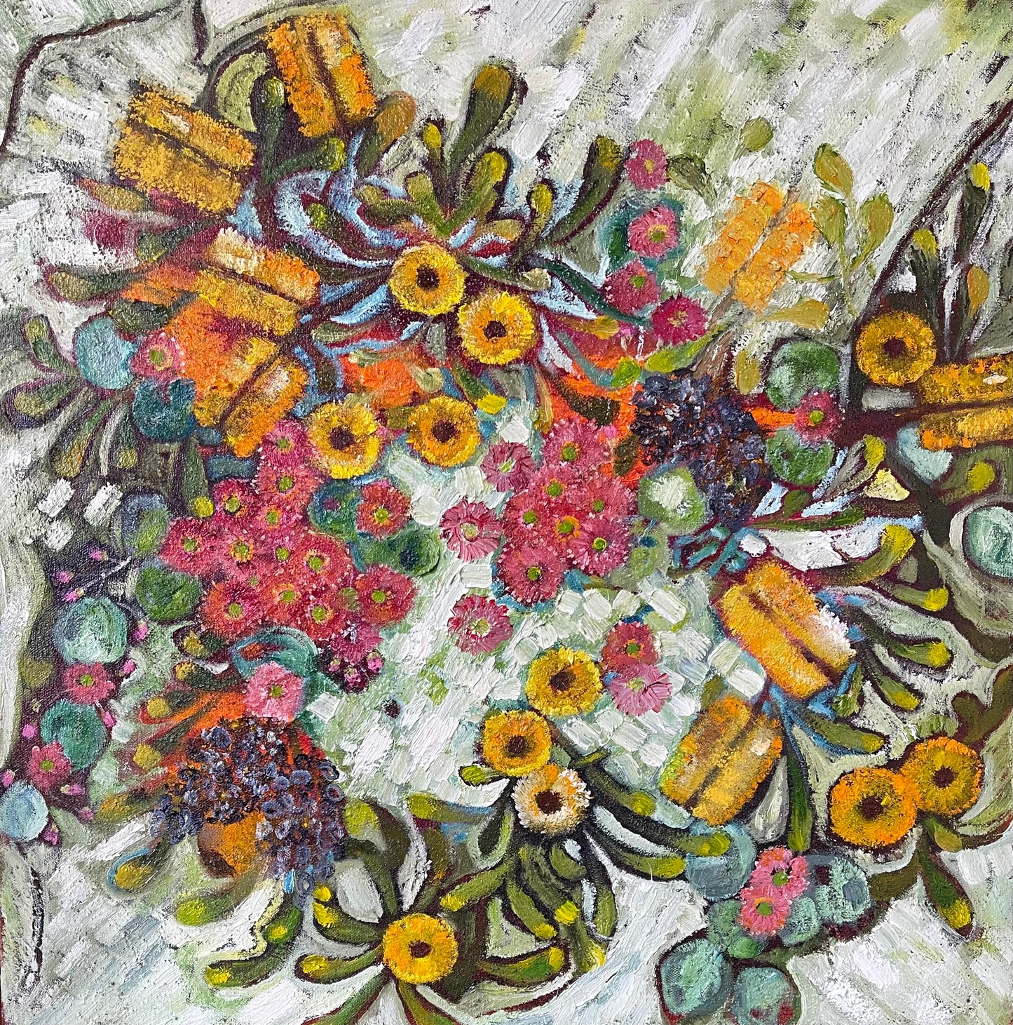 Coastal Banksia 2, original botanical artwork capturing the beauty of Australian banksias with layered colour and texture by Ricci McAuliffe.