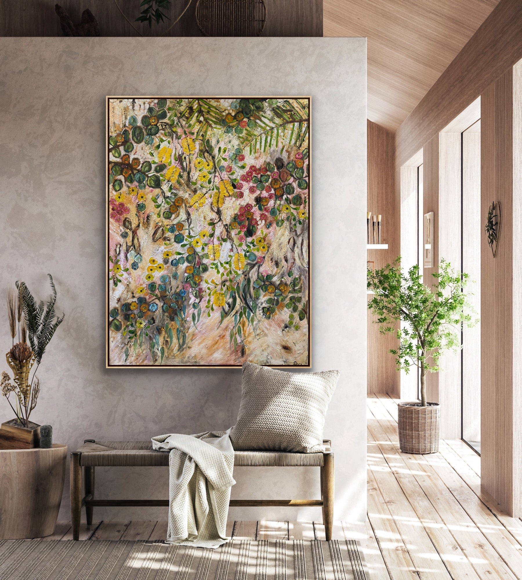 Summer Banksia, original Australian botanical painting celebrating the vibrant colours and textures of native banksias by Ricci McAuliffe.
