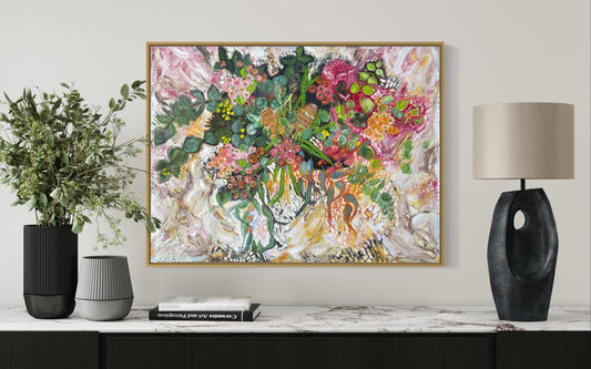 Spring Romance, original floral painting inspired by Australian native blooms in soft pink, cream and green hues by Ricci McAuliffe.