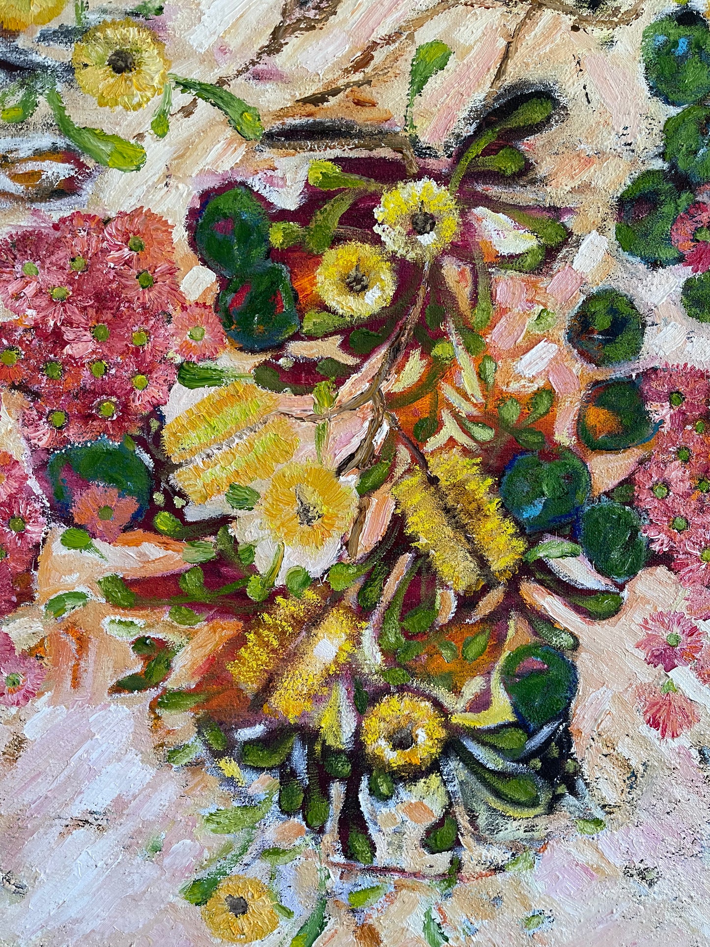 Coastal Banksia, original oil painting of a flowering banksia against a soft coastal landscape by Ricci McAuliffe.