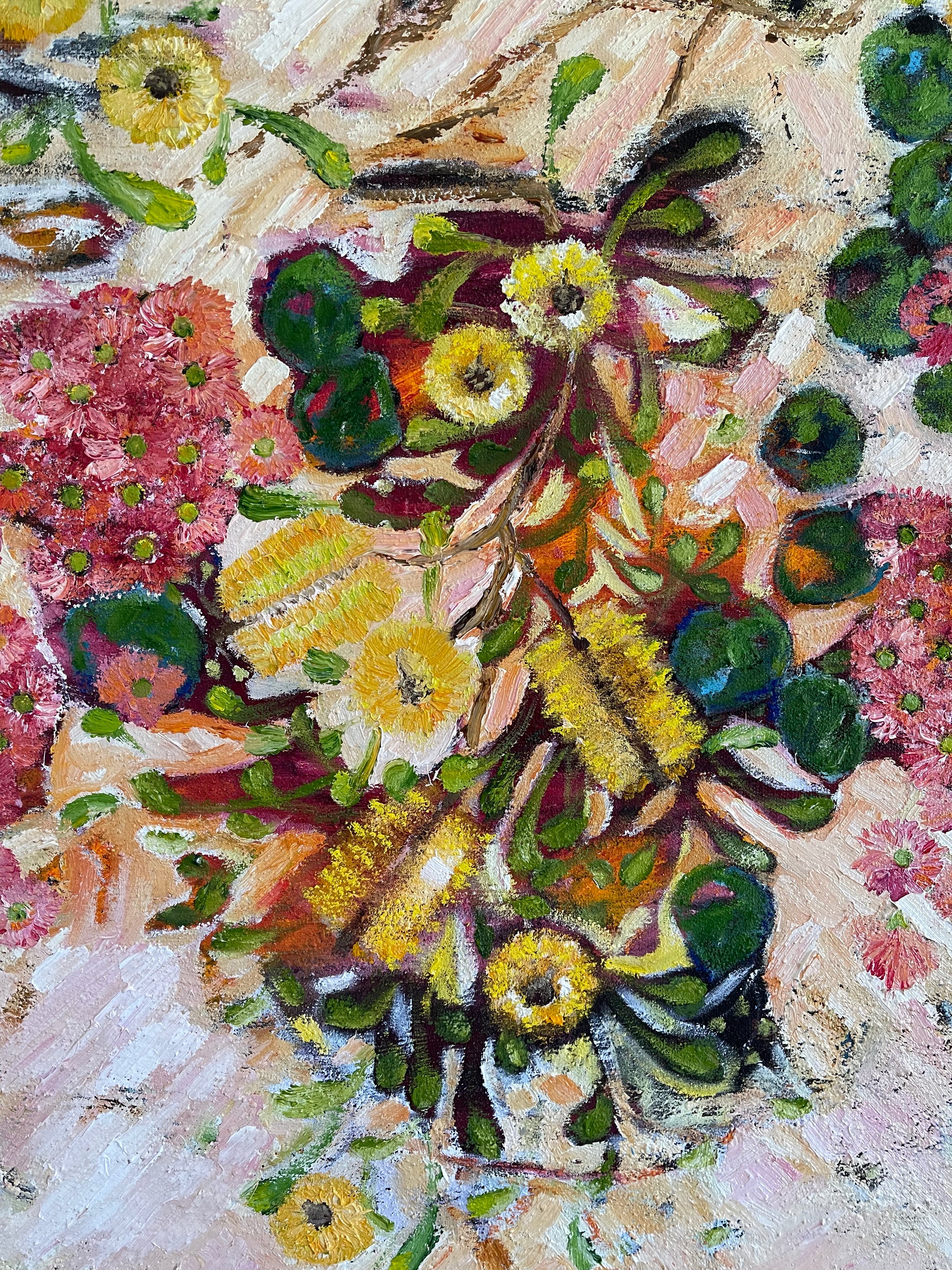 Coastal Banksia, original oil painting of a flowering banksia against a soft coastal landscape by Ricci McAuliffe.