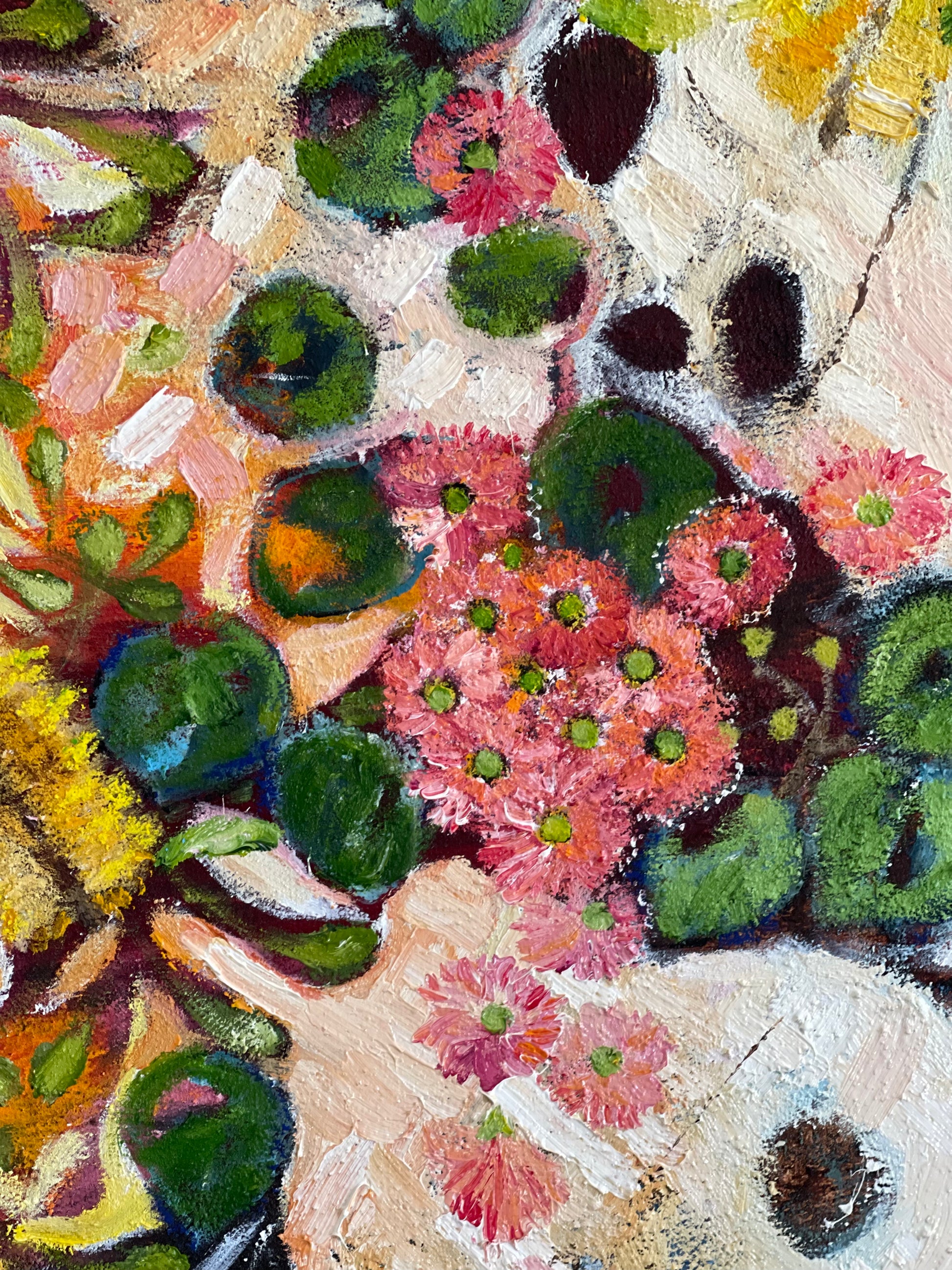 Coastal Banksia, original oil painting of a flowering banksia against a soft coastal landscape by Ricci McAuliffe.