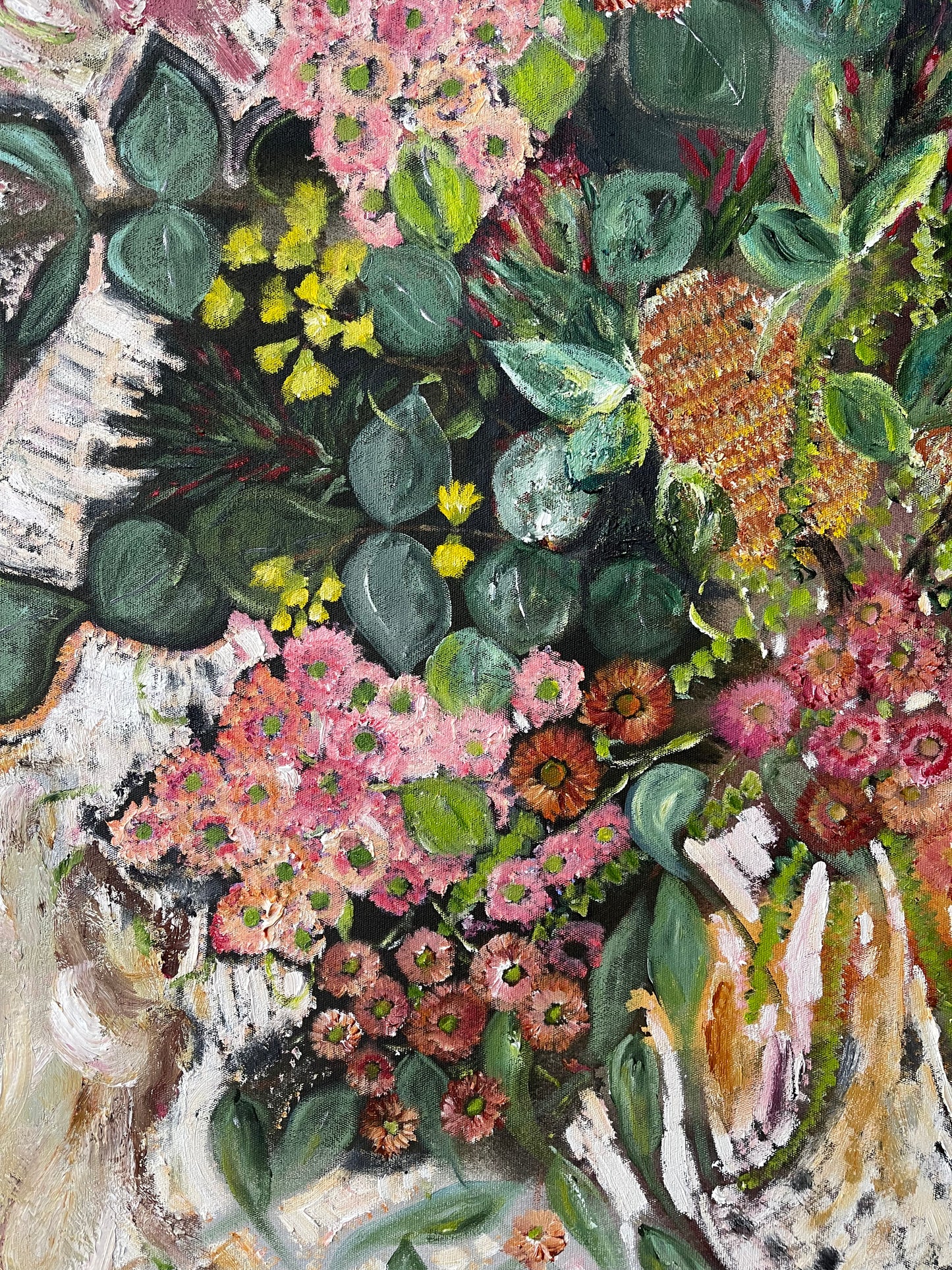 Spring Romance, original floral painting inspired by Australian native blooms in soft pink, cream and green hues by Ricci McAuliffe.