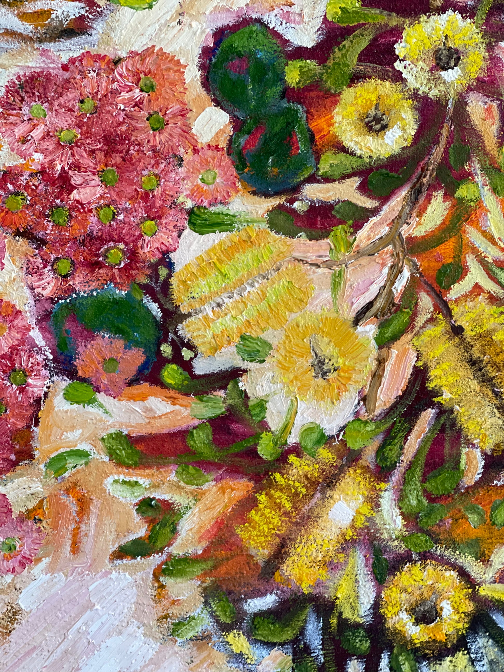 Coastal Banksia, original oil painting of a flowering banksia against a soft coastal landscape by Ricci McAuliffe.