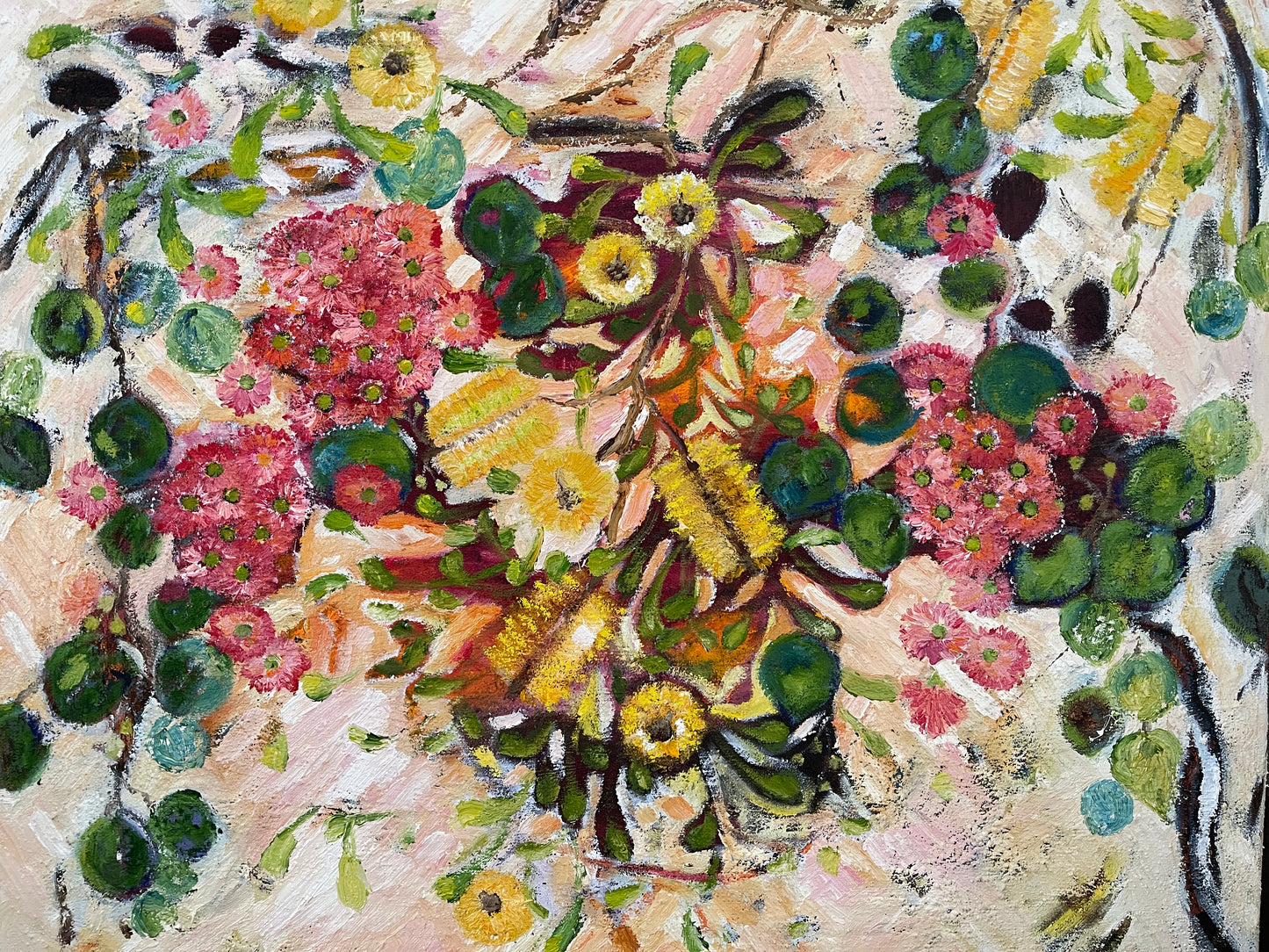 Coastal Banksia, original oil painting of a flowering banksia against a soft coastal landscape by Ricci McAuliffe.