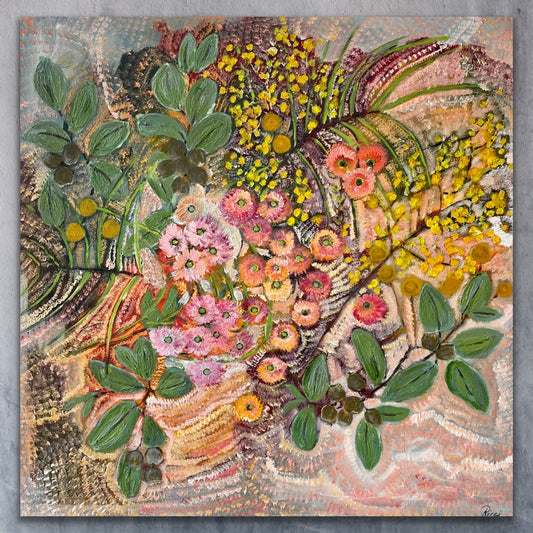 Into the Mystic, original Australian botanical painting featuring native flowers in rich blue and green tones by Ricci McAuliffe.